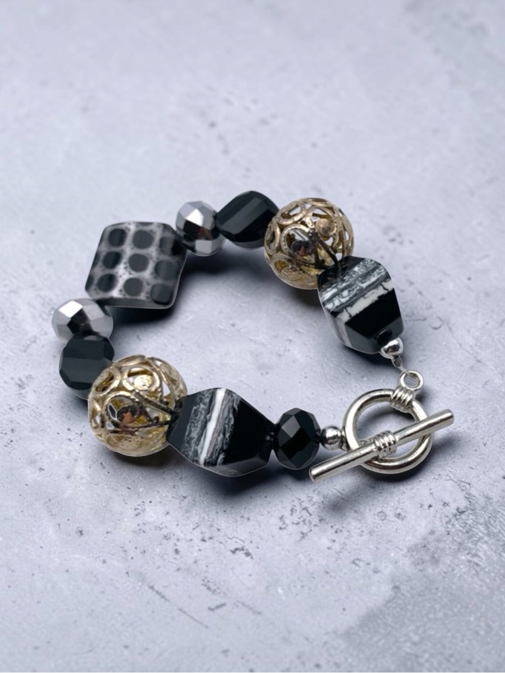 Handcrafted Black and Silver Beaded Toggle Bracelet
